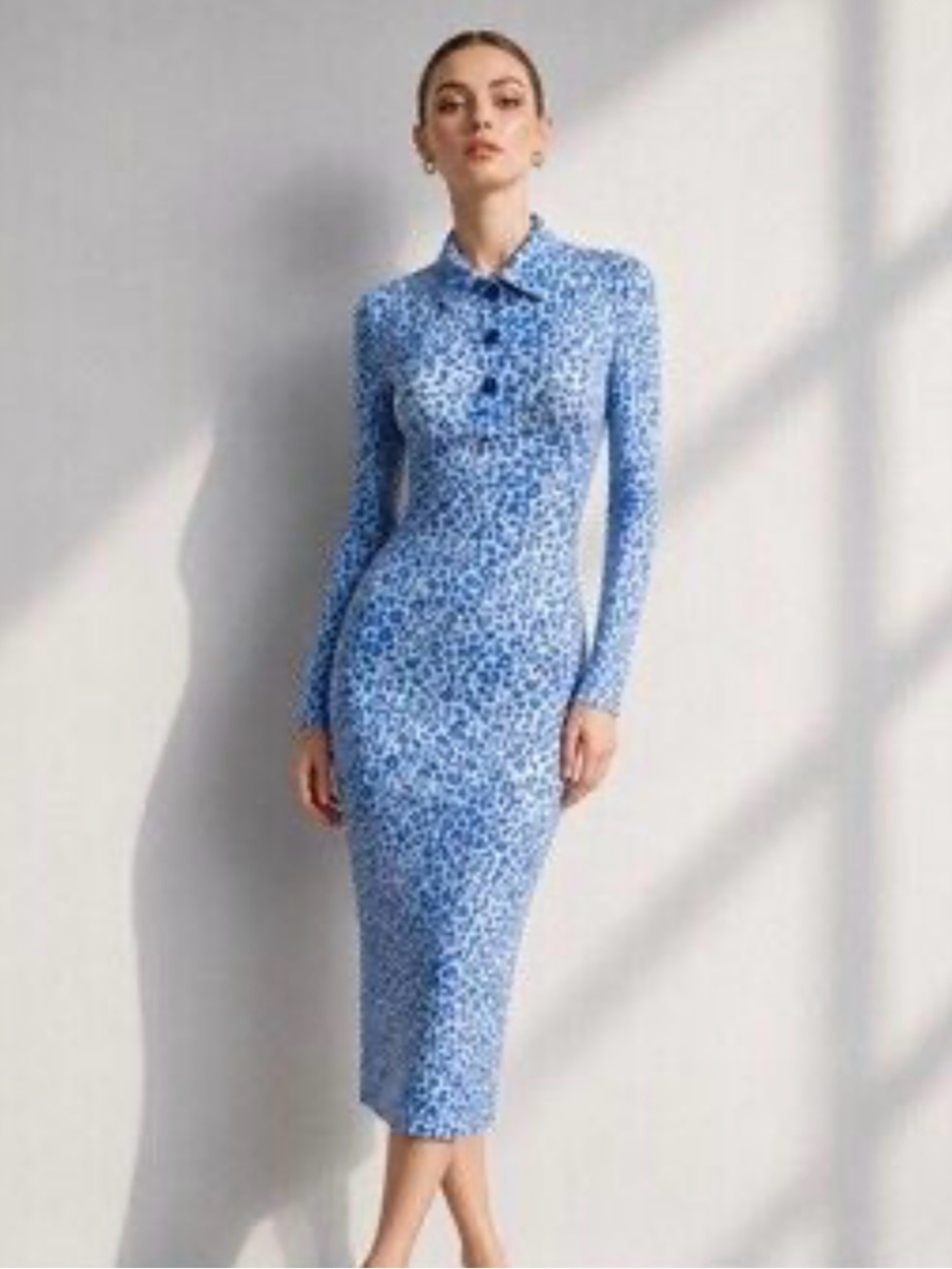 Light Blue Leopard Print Long Sleeve Polo Midi Dress
